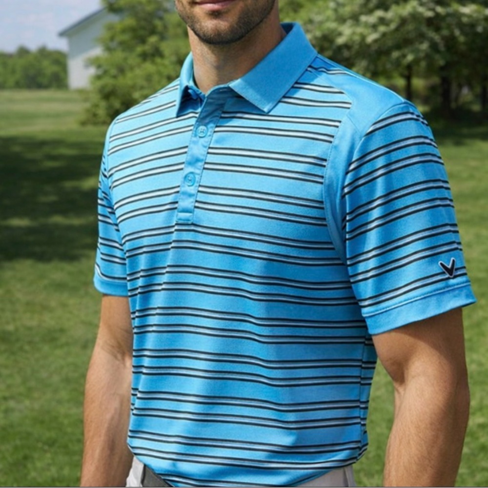 -Callaway Teal Golf Polo w/Awesome Shoulder Design Black/White Stripes Men's M